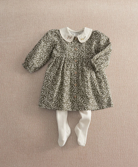 Leaf print dress with tights set, dark green with light foliage, long sleeves