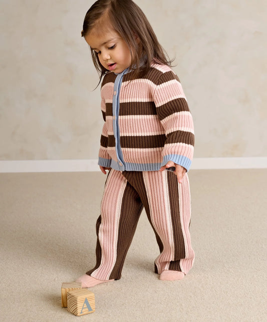 Kids striped cardigan and knitted wide-leg trousers set, pink brown, blue cuffs