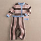 Kids striped cardigan with button front and knitted wide-leg trousers, blue cuffs