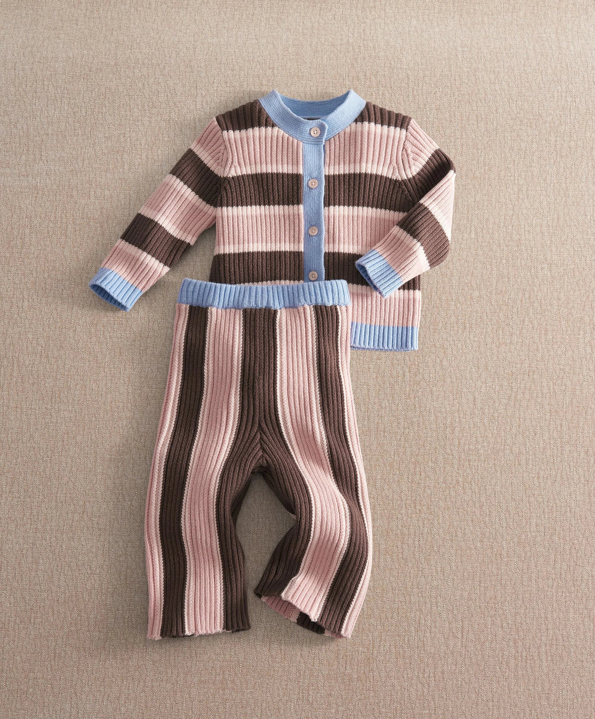 Kids striped cardigan with button front and knitted wide-leg trousers, blue cuffs