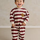 Children's striped romper with lion patch, long sleeves, burgundy and cream