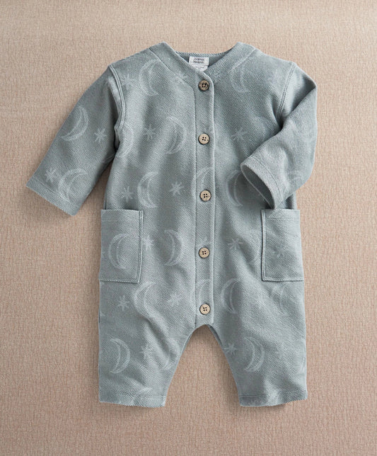 Light blue moon printed long-sleeve romper with button placket and front pockets