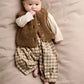 Brown borg waistcoat with white bodysuit and plaid trousers outfit for baby
