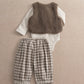 Brown borg sleeveless waistcoat with white bodysuit and gray plaid trousers set