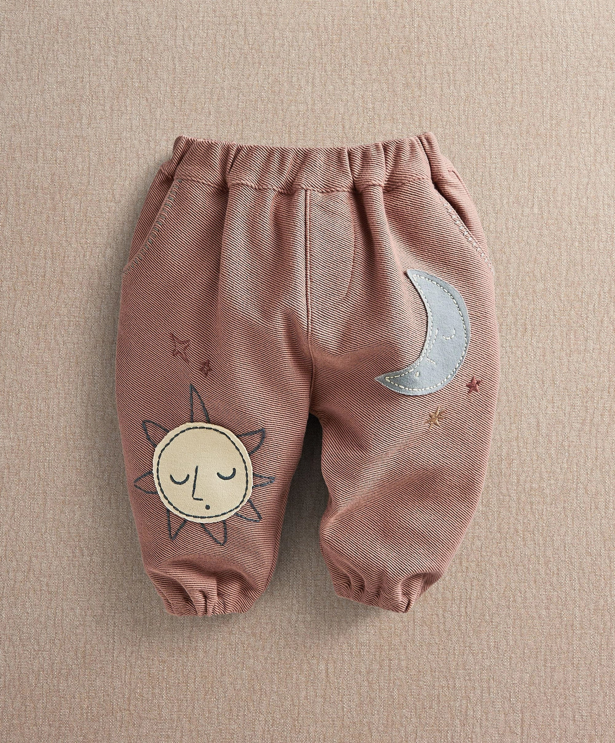 Applique trousers, elastic waist, moon and sun applique with star details, dusty rose