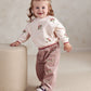 Berry cord trousers in berry pink with floral embroidery, elastic waistband and cuffs