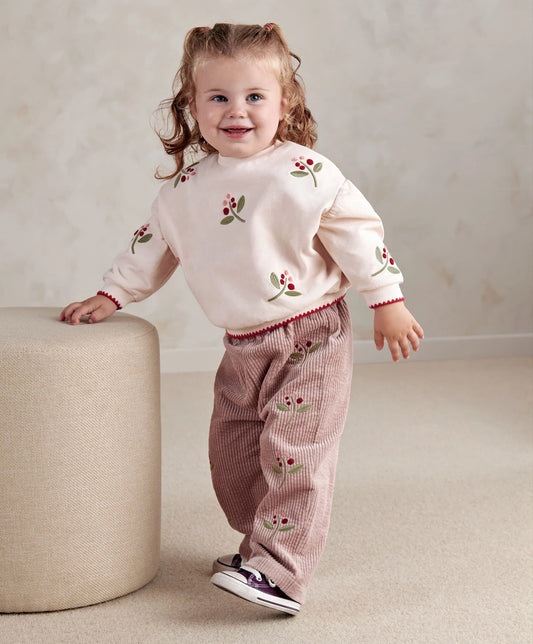 Berry cord trousers in berry pink with floral embroidery, elastic waistband and cuffs
