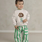 White toddler sweatshirt with lion face applique and teal ribbed hem