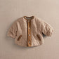 Checked baby jacket in brown and cream with snap buttons and corduroy trim