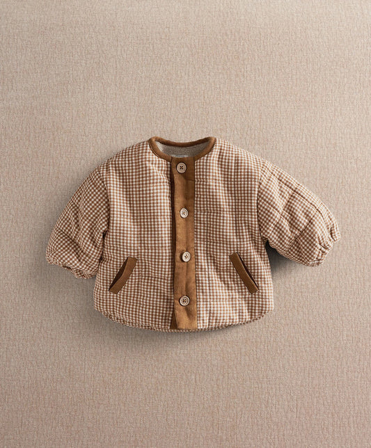 Checked baby jacket in brown and cream with snap buttons and corduroy trim