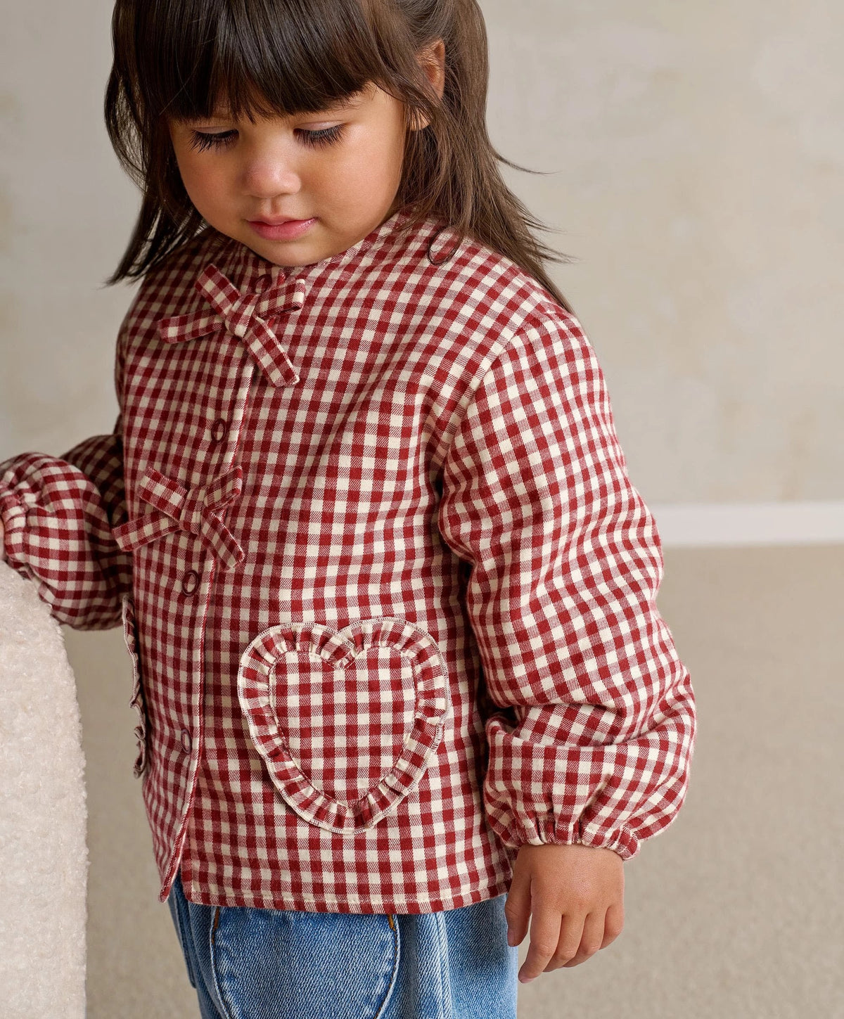 Red gingham jacket with bow front and heart patch pocket