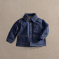 Dark blue denim jacket with button front, classic collar, two chest pockets