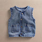 Blue denim sleeveless gilet with button front and two chest pockets