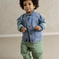 Blue denim sleeveless gilet with button front and two chest pockets