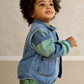 Blue denim sleeveless gilet with stand collar, button front, and chest pockets