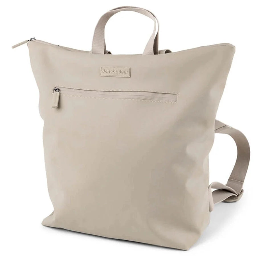 Sand changing backpack with top handles, front zipper pocket, and adjustable shoulder strap