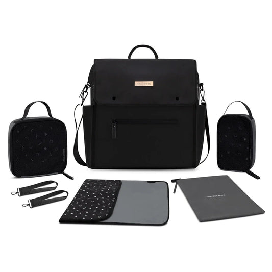 Black changing backpack with front flap, side pockets, and included changing accessories