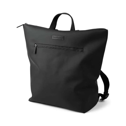 Black changing backpack tote with front zipper pocket, top handle, and shoulder strap