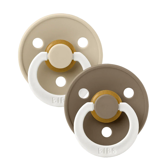 2-pack latex baby pacifiers with round shields, dark oak and vanilla colorways