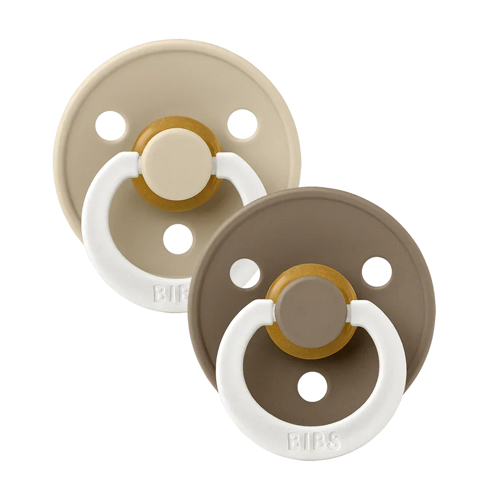 2-pack latex baby pacifiers with white shields, vanilla and dark oak nipple inserts
