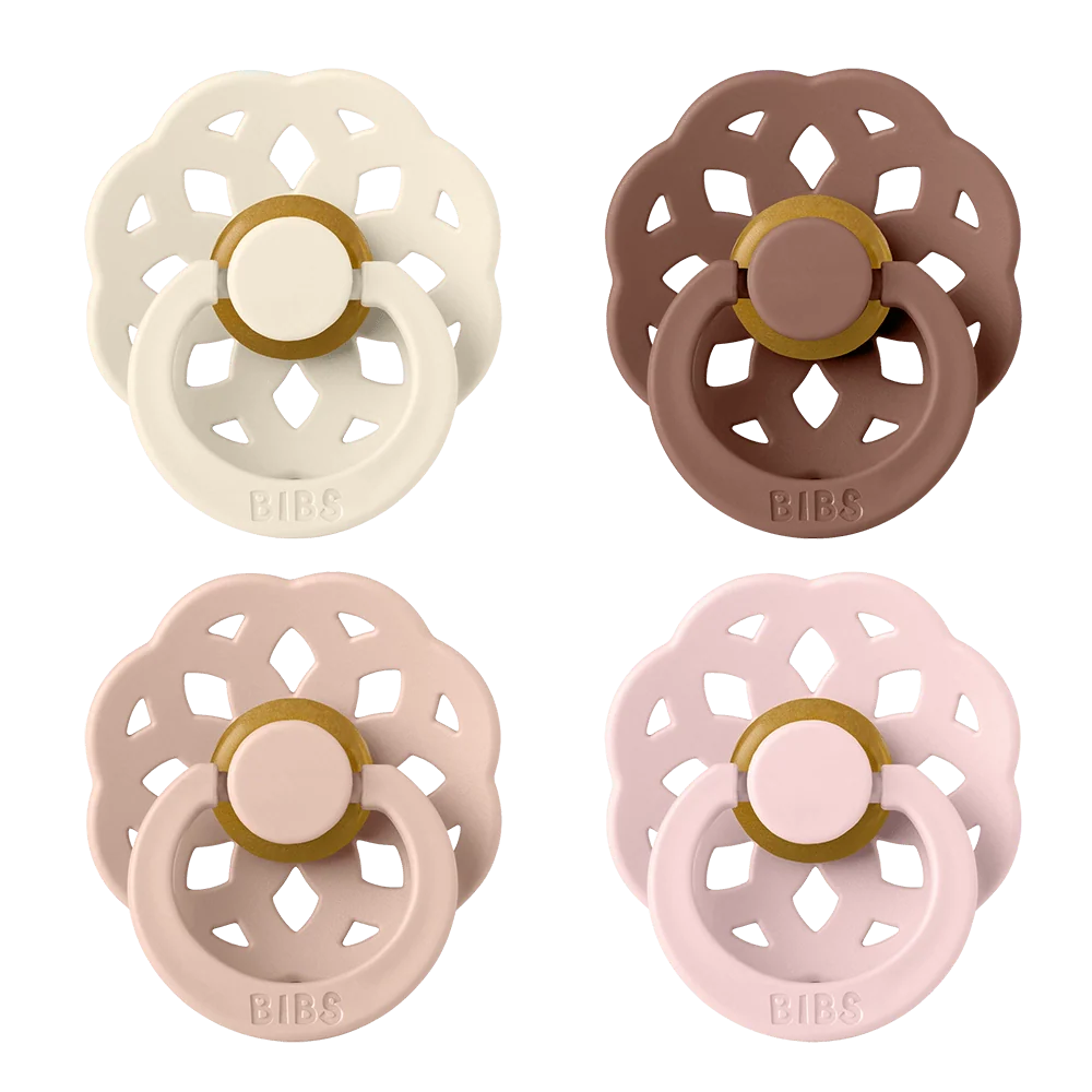 2-pack latex pacifiers, floral cutout shields, gold rings; white and blush pink