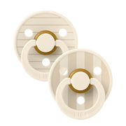 Two vanilla latex baby pacifiers, size 1, brown striped shields with BIBS logo.
