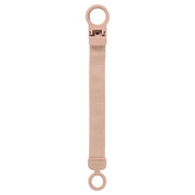 Blush fabric pacifier clip with two loop rings and secure clasp