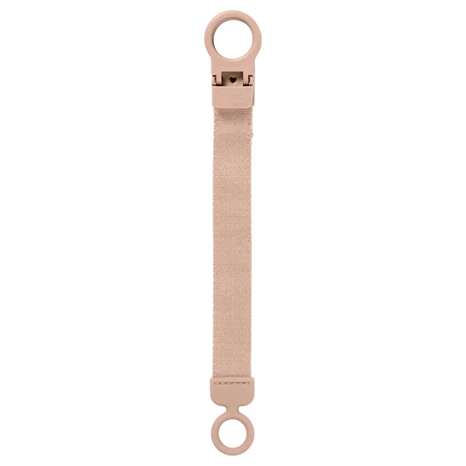 Blush fabric pacifier clip with two loop rings and secure clasp