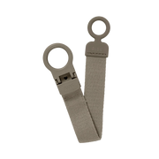 Loop-style pacifier clip with light gray fabric strap and circular ring