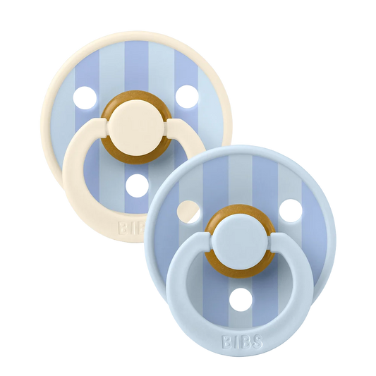 Two latex baby pacifiers with round shields in light blue and dusty blue, size 2.