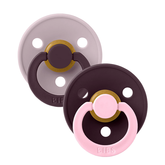 Two-pack baby latex pacifiers in lilac, with gold ring, pink shield, Size 1