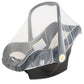 Universal car seat mosquito net, transparent mesh over gray seat and handle cover