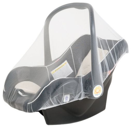 Universal car seat mosquito net, transparent mesh over gray seat and handle cover