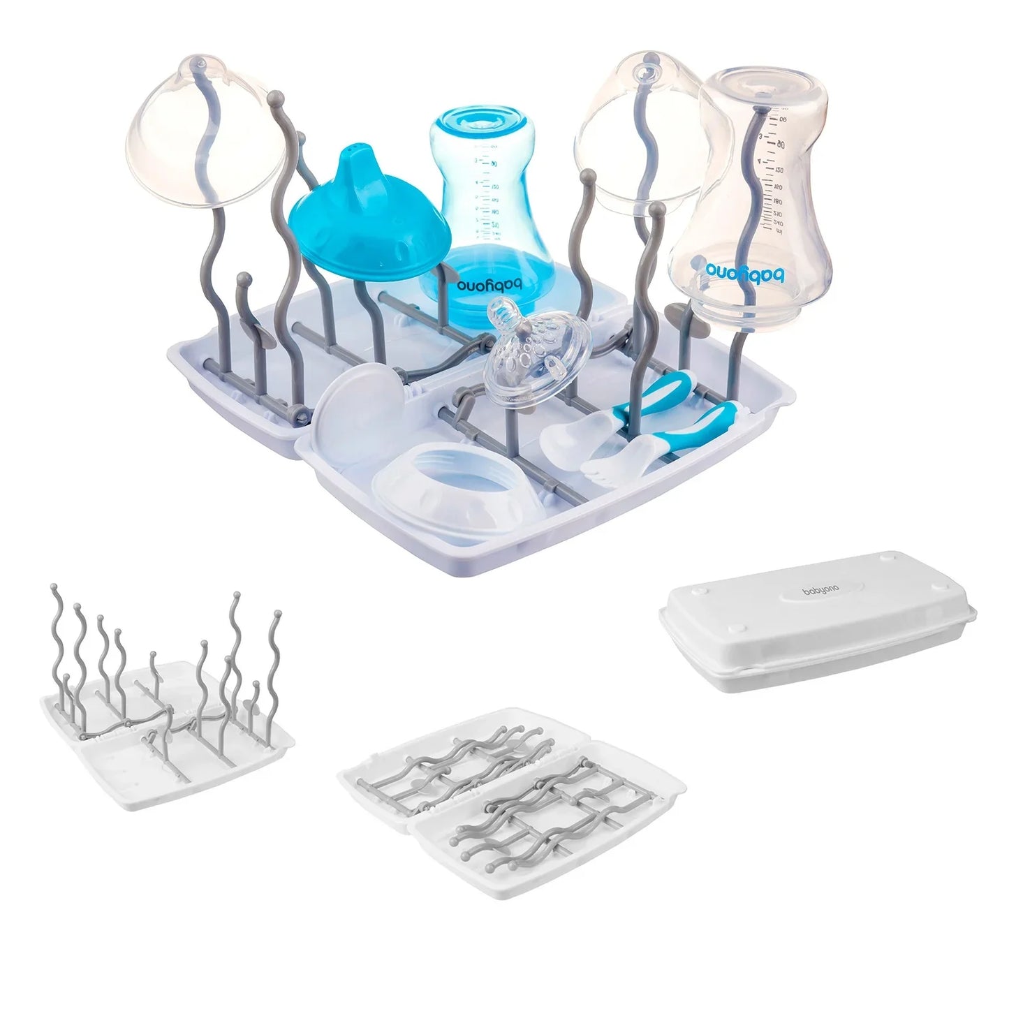 Bottle drying rack set with two bottles, blue cup, and extra insert trays