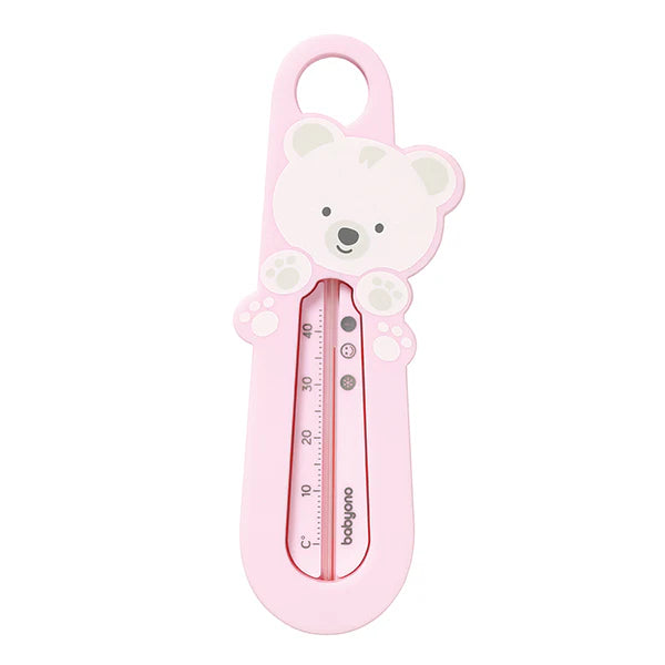 Pink teddy-shaped floating bath thermometer with °C scale and thermometer window