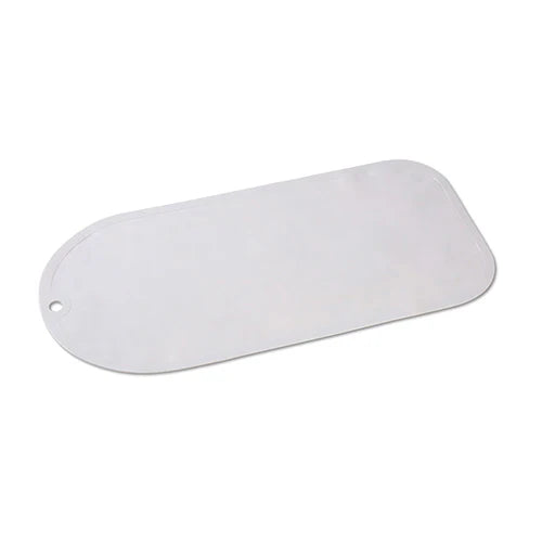 Grey non-slip bath mat, rounded rectangular shape with corner hole
