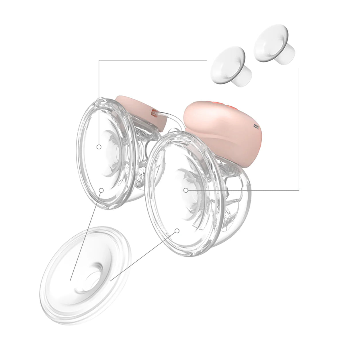 Breast pump spare parts kit: clear breast shields with pink silicone insert and two valves