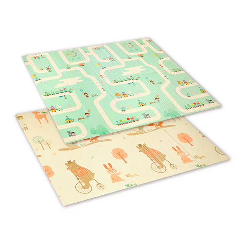 Play mat set with two panels, green city roads and beige animal alphabet print.