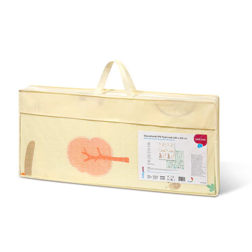 Foam play mat carry bag with printed animal silhouette and product label.
