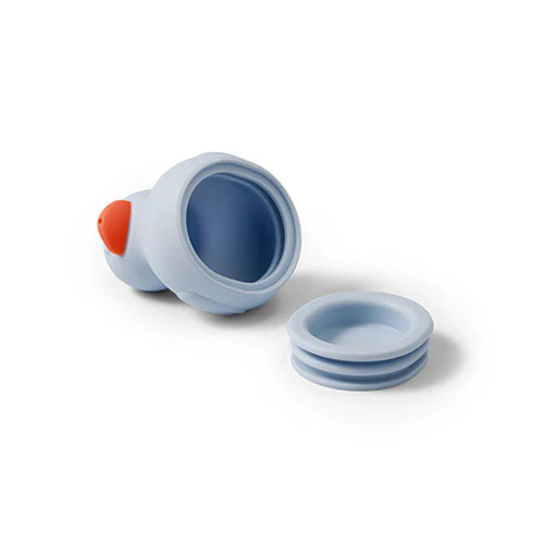 Light blue silicone bath duck toy with open cup and stackable lid