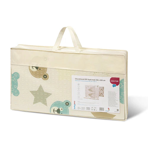 Foam play mat in carry bag, cream with animal prints and product label.