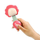 Red rattle teether in hand: pink flower teether head and mint handle