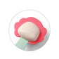 Flower-shaped pink teether with pale beige center and mint handle