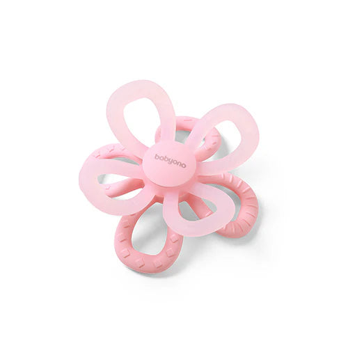 Pink silicone flower teether with ring handles and petal-shaped loops