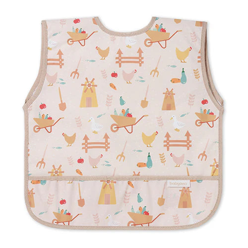Farmer apron in light pink with farm animal and tool pattern, sleeveless style