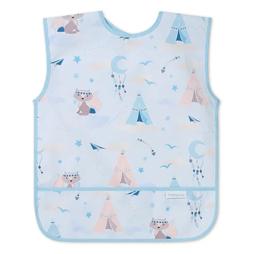 Light blue kids apron with raccoon teepee print and snap waist closure