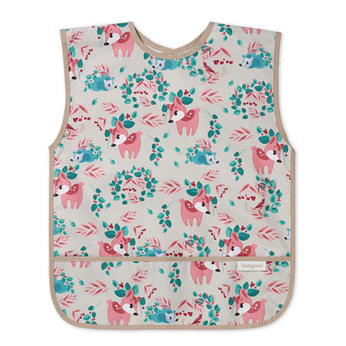 Sleeveless kids apron with pink, teal forest animal print and beige trim; front bib