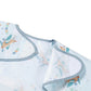 Light blue long-sleeve baby bib neckline with gray trim and airplane print