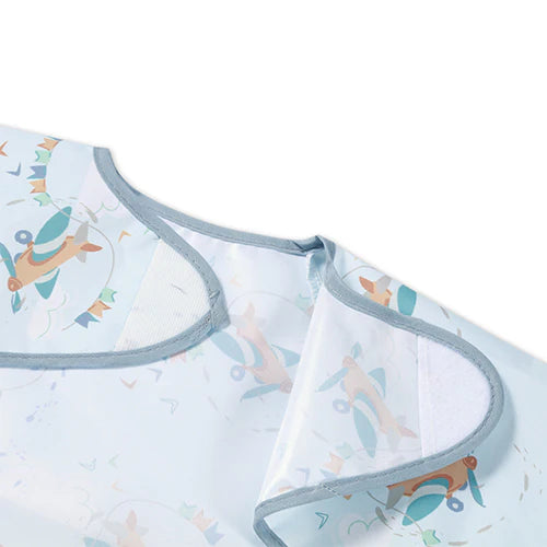 Light blue long-sleeve baby bib neckline with gray trim and airplane print