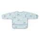 Light blue long-sleeve baby bib with airplane print and gray binding